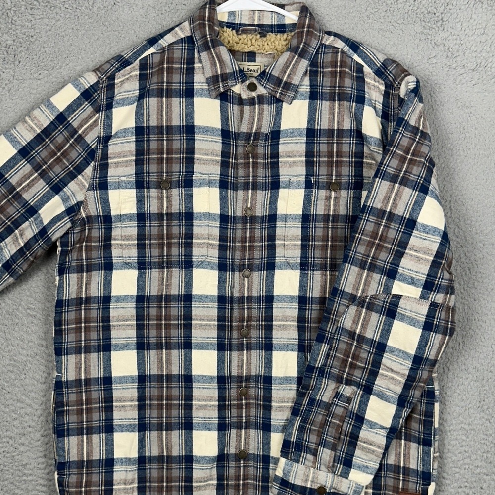NEW L.L. Bean Shirt Jacket Men Medium Sherpa Lined Scotch Plaid Indigo Flannel